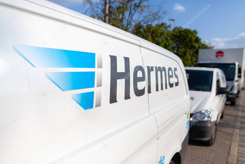 Nuernberg, Germany - August 4, 2019: Hermes branch on a Mercedes Benz delivery truck.