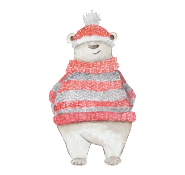 Urso polar branco de Natal aquarela em um suéter de malha vermelha e chapéu ilustração de desenho animado bonito — Vetor de Stock