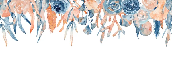 Aquarell-Blumenrahmen mit rosa und blauer Pfingstrose, Blättern und Korallen, handgezeichnete Illustration — Stockvektor