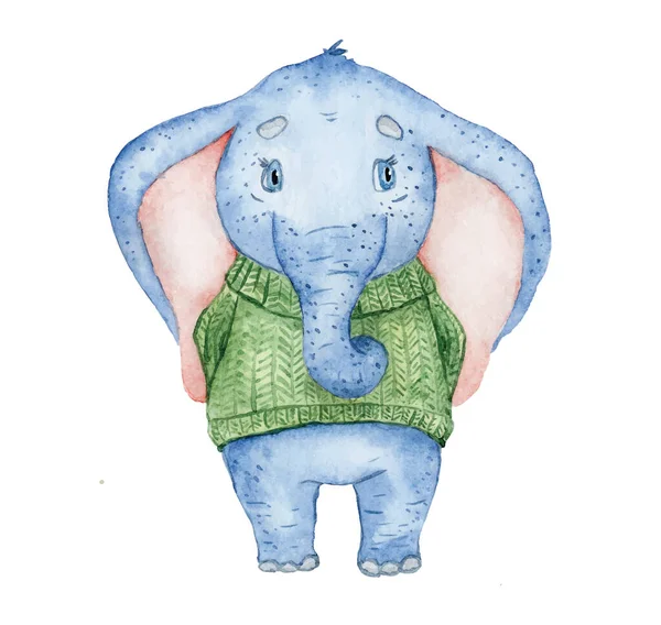 Akvarell aranyos elefánt zöld kötött pulóver állati kézzel rajzolt illusztráció — Stock Vector