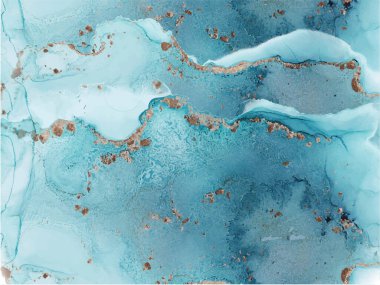 Alkol mürekkebi dokusu. Soyut el boyası mavi ve altın arkaplan.