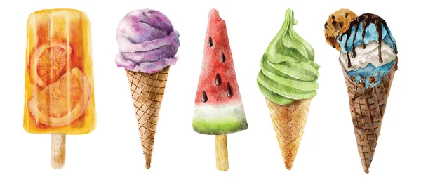 Conjunto de ilustración dibujado a mano de helado acuarela Ilustración De Stock