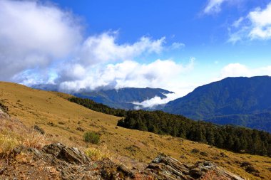 Nantou Tayvan 'daki Hehuanshan Ulusal Orman Dinlenme Bölgesi' nin güzel dağ manzarası,