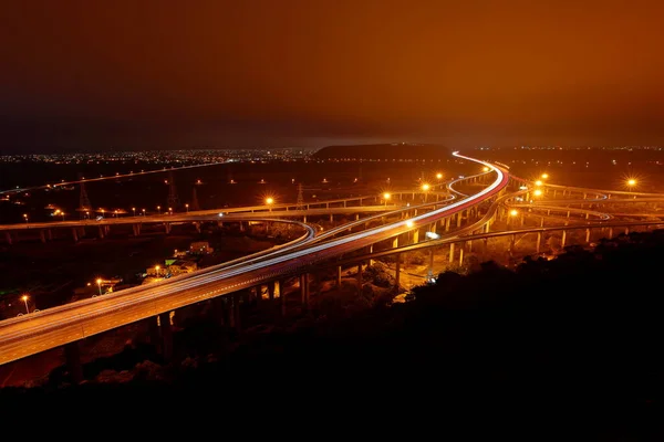 Vista Aérea Las Estructuras Transporte Con Carretera Intercambio Por Noche — Foto de Stock