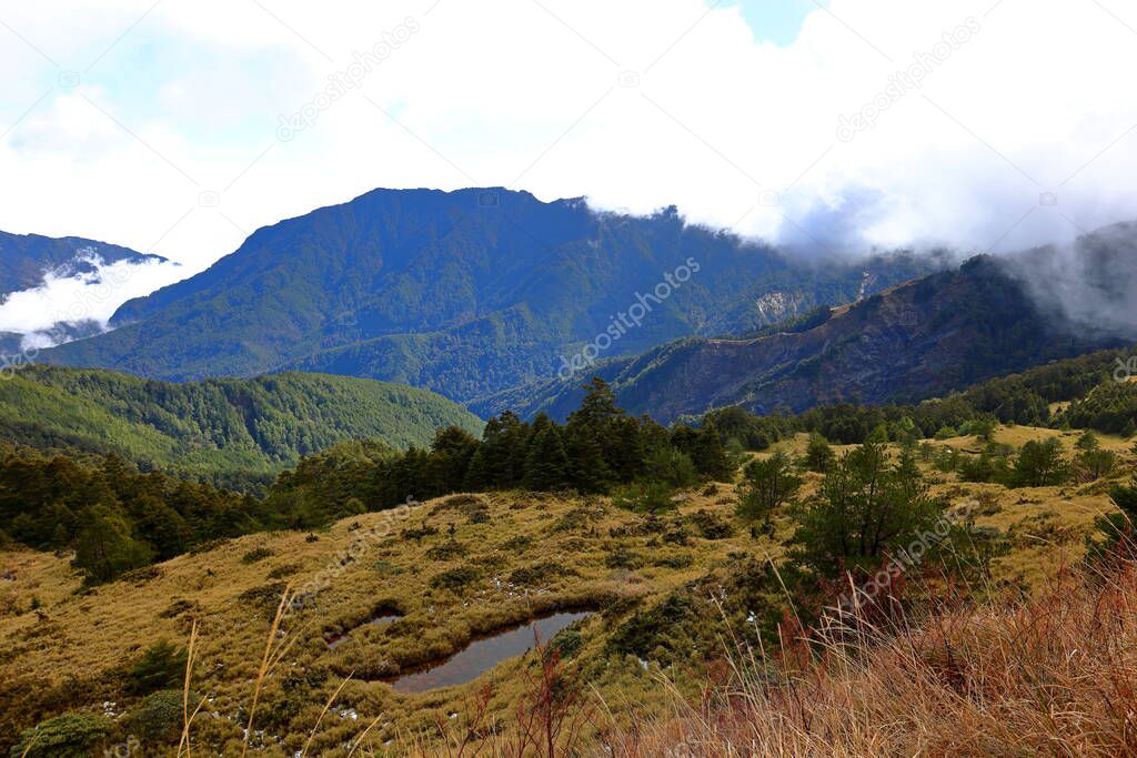 Beautiful view of mountain landscape at Hehuanshan National Forest Recreation Area in Nantou Taiwan,