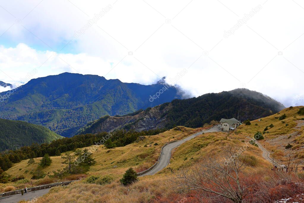 Beautiful view of Songsyue Lodge and mountain landscape at Hehuanshan National Forest Recreation Area in Nantou Taiwan