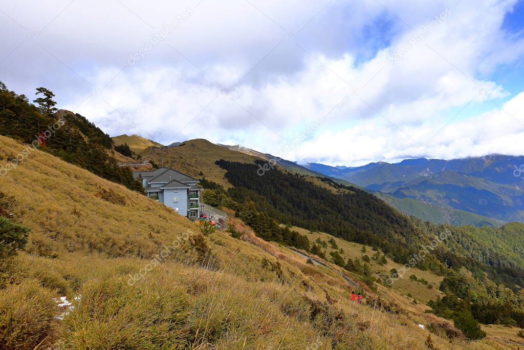 Beautiful view of Songsyue Lodge and mountain landscape at Hehuanshan National Forest Recreation Area in Nantou Taiwan