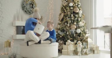 Tavşan hediye. Anne ve oğlu şöminenin yanında oturuyor ve Noel ağacı takmış yeni yıl süsleri takıyor ve içinde bir hediye olan bir kutuyu açıyorlar. Yeni yıl tavşanı..