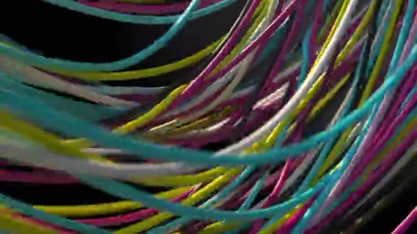 Многие электрические многоцветные провода переплетаются в один поток. Провода движутся, переплетаются. Красивая 3D анимация, фон. — стоковое видео