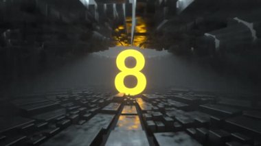 Sarı geri sayım sayısı bir taş, demir, siyah ve beyaz tünelde sonsuzluğa uçar. 10 'dan 0' a geri sayım saati.