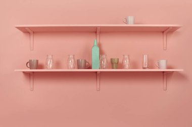 Mutfak pembe arka plan, mutfak aletleri pembe rafta duruyor, yazı için boş alan, ön manzara.