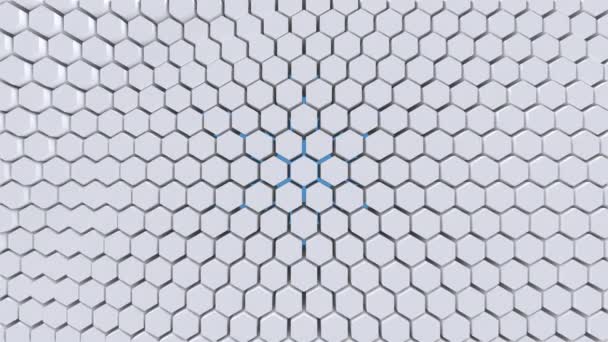 Abstrato hexagonal geométrico superfície loop, luz brilhante limpar mínima grade hexágono, aleatório ondulado movimento fundo lona em puro arquitetônico branco parede cor. — Vídeo de Stock
