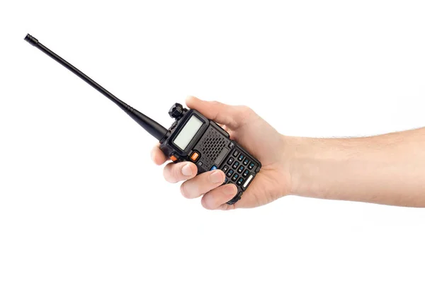 Hånden af en mand med en walkie-talkie isoleret på hvid baggrund - Stock-foto