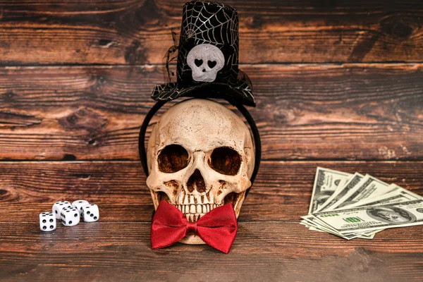 Skull Bloody Butterfly Dark Wooden Background Invites You Gamble Money — Stock Photo, Image