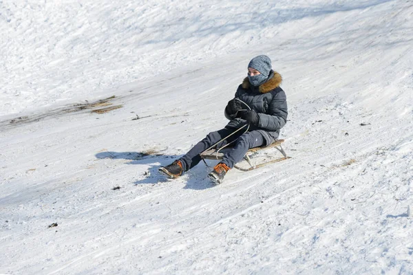 Guy Goes Sled Slippery Snow Slide — Stock Photo, Image