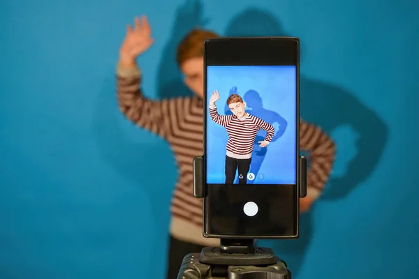 Boy Grimaces Poses Mobile Camera Studio Download Watch Funny Videos — Stock Photo, Image