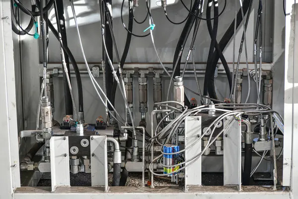 Sistema Alimentação Pressão Estação Óleo Tubos Fios Ligação Bomba Combustível — Fotografia de Stock