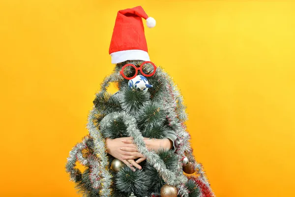 Funny Christmas Tree Human Hands Looks Side Anticipation Holiday — Stock Photo, Image