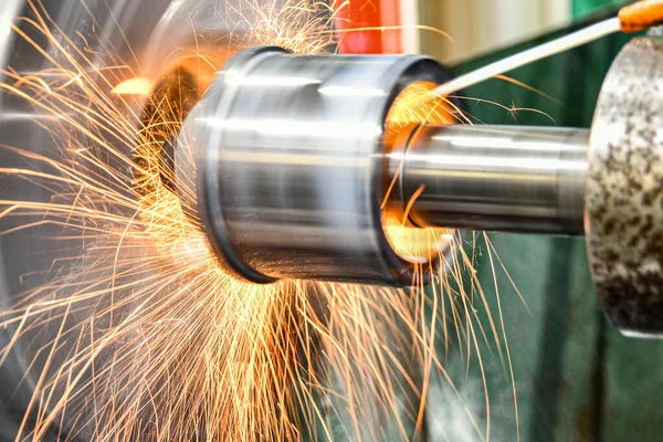 Abrasive Wheel Removes Excess Metal Layer Sparks Fly Sides — Stock Photo, Image