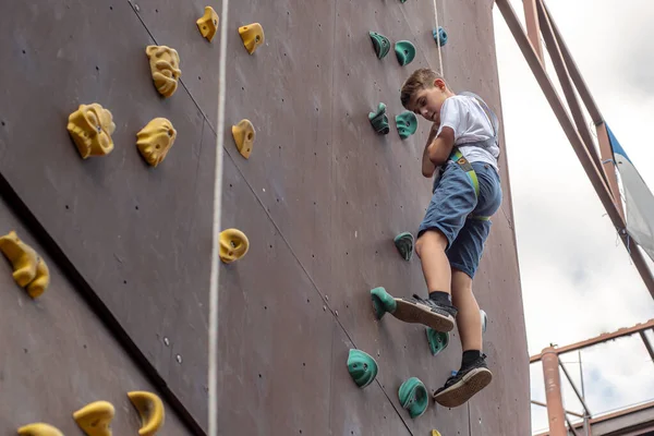 Boy Descends Rope Climbing Wall Sports Park Climbing Wall — Zdjęcie stockowe