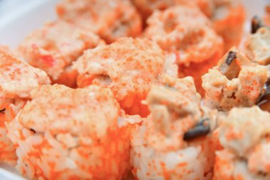 Suşi seti. Çeşitli rulo, maki, nigiri plastik ambalaj çeşitleri.