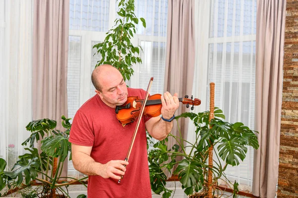 Uomo Adulto Suona Violino Casa — Foto Stock