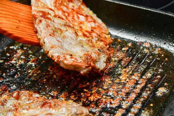 Fried Meat Pan Spices Cut Pieces —  Fotos de Stock