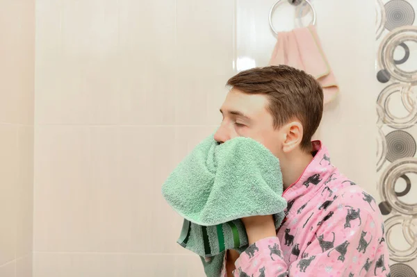 Young Man Wipes His Face Towel Bathroom — Stock Photo, Image