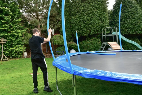 Children Have Bought New Trampoline Building Jump — 图库照片