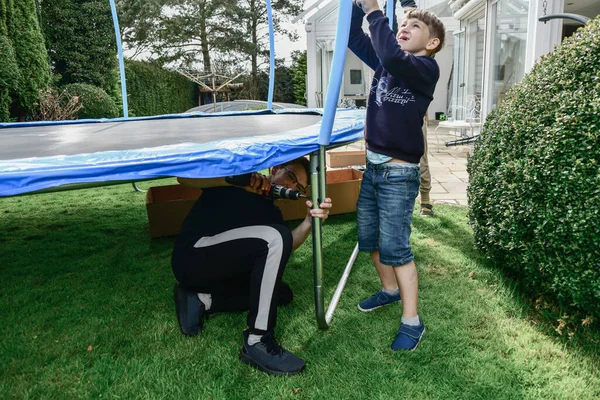 Children Have Bought New Trampoline Building Jump — Stockfoto