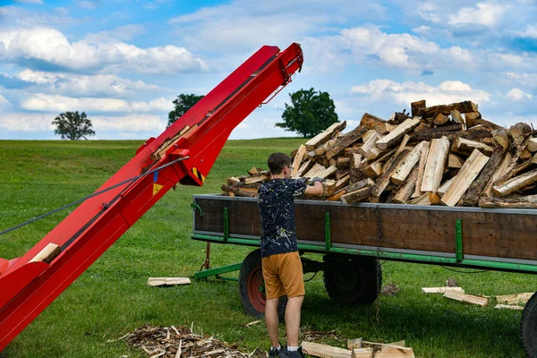 Worker Sawmill Operates Hydraulic Plant Chopping Sawing Logs Firewood — Stok Foto