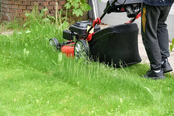 A man mows lawn grass with a lawn mower at home.