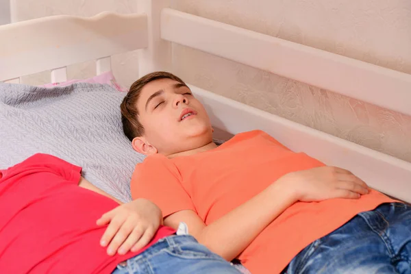Two Adult Boys Sleep Dressed Bed — Stock Photo, Image