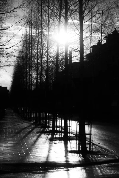 İsveç 'in kuzeyindeki Umea sokaklarına yansıyan güneş ışığının karanlık görüntüsü.