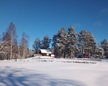 İsveç kışında karlı binalar ve manzaralar.