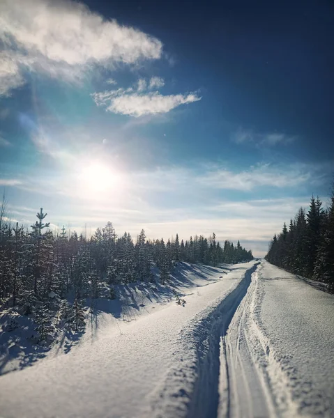 スウェーデン北部の冬の日差しの中で雪の道 — ストック写真