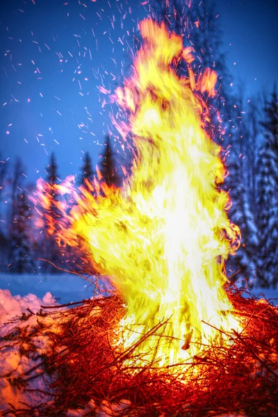 Big Fire Winter Landscape Flying Sparks — Stok fotoğraf