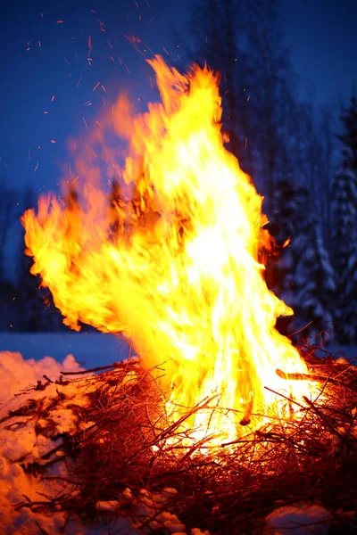 Big Fire Winter Landscape Flying Sparks — Stok fotoğraf