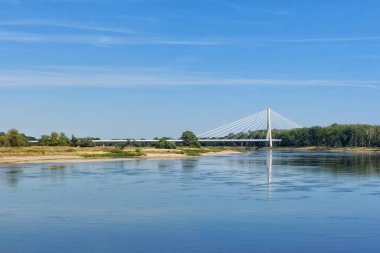 Modern suspension bridge over the river Elbe in Schoenebeck, Saxony-Anhalt, Germany.