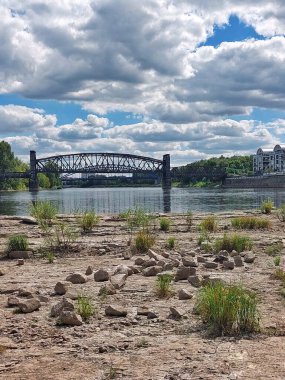 View from the Domfelsen (lit. cathedral rocks) in Magdeburg, Germany. This rock formation in the Elbe is only exposed in drought..