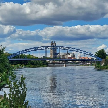 View to the city of Magdeburg, with the Sternbruecke (lit. star bridge) and the cathedral.