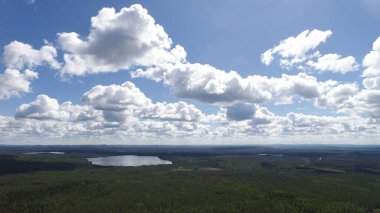 Aerial shot of landscape with forest and lakes in Swedish Lapland.