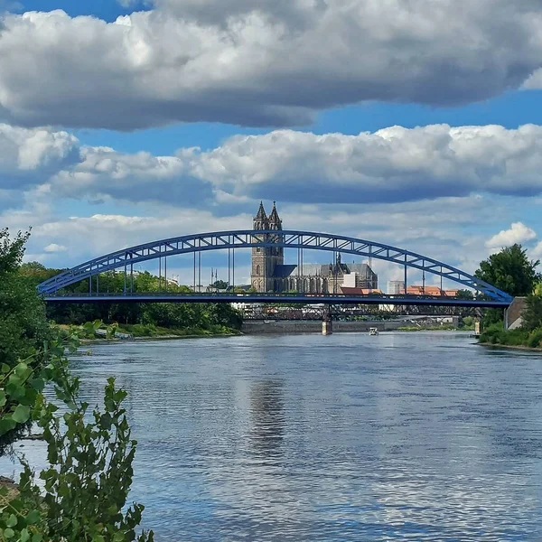 View to the city of Magdeburg, with the Sternbruecke (lit. star bridge) and the cathedral.