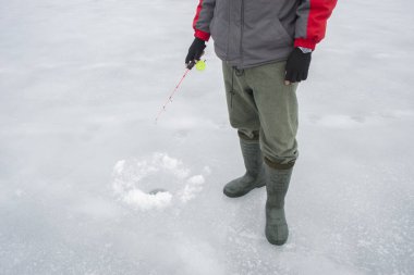 Ceketli, pantolonlu ve botlu bir balıkçı buzdaki delinmiş bir deliğin yanındaki donmuş bir nehirde duruyor ve balık yakalıyor. Vücut parçaları