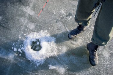 Ceketli, pantolonlu ve botlu bir balıkçı buzdaki delinmiş bir deliğin yanındaki donmuş bir nehirde duruyor ve balık yakalıyor. Vücut parçaları