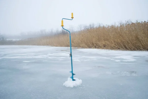 Auger Coincé Dans Glace Tarière Forage Glace Pêche Sur Glace — Photo