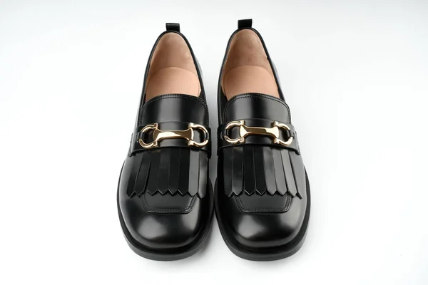 Loafers Isolerad Vit Bakgrund Par Stilrena Dyra Moderna Läder Svarta — Stockfoto
