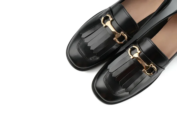 Loafers Geïsoleerd Witte Achtergrond Paar Stijlvolle Dure Moderne Lederen Zwarte — Stockfoto