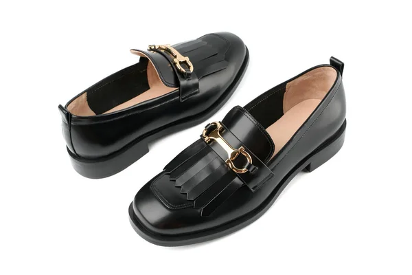 Loafers Απομονώνονται Λευκό Φόντο Ζευγάρι Κομψά Ακριβά Μοντέρνα Δερμάτινα Μαύρα — Φωτογραφία Αρχείου