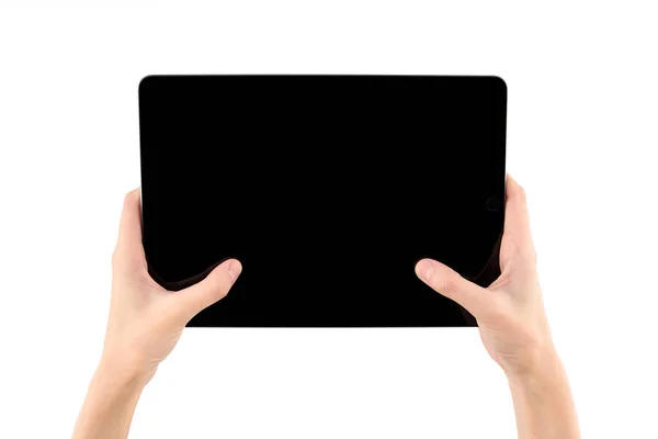 白い背景に隔離された黒いタブレットを保持 手にデジタルタブレット 独立した画面でタブレットタッチコンピュータガジェットを保持 — ストック写真